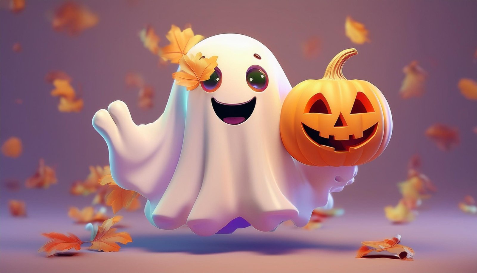 Firefly Halloween cute ghost with eyes with leaves smiling and holding a jack-o' 37610