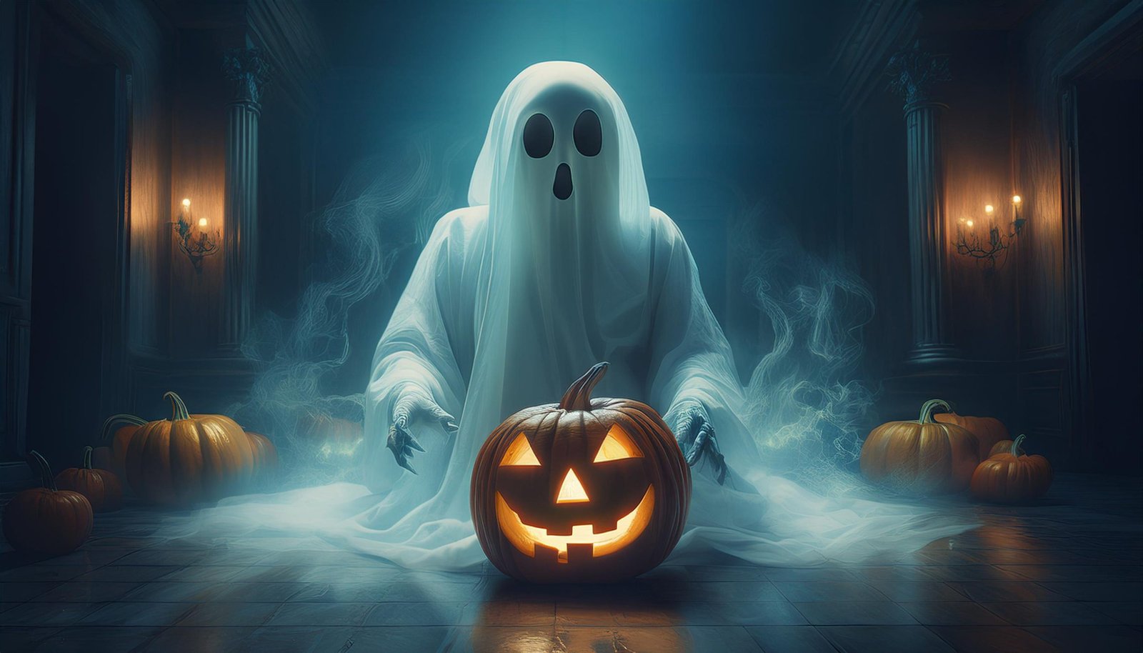 Firefly Halloween image of ghost eating floating pumpkin in dark room; celebration, creativity and h